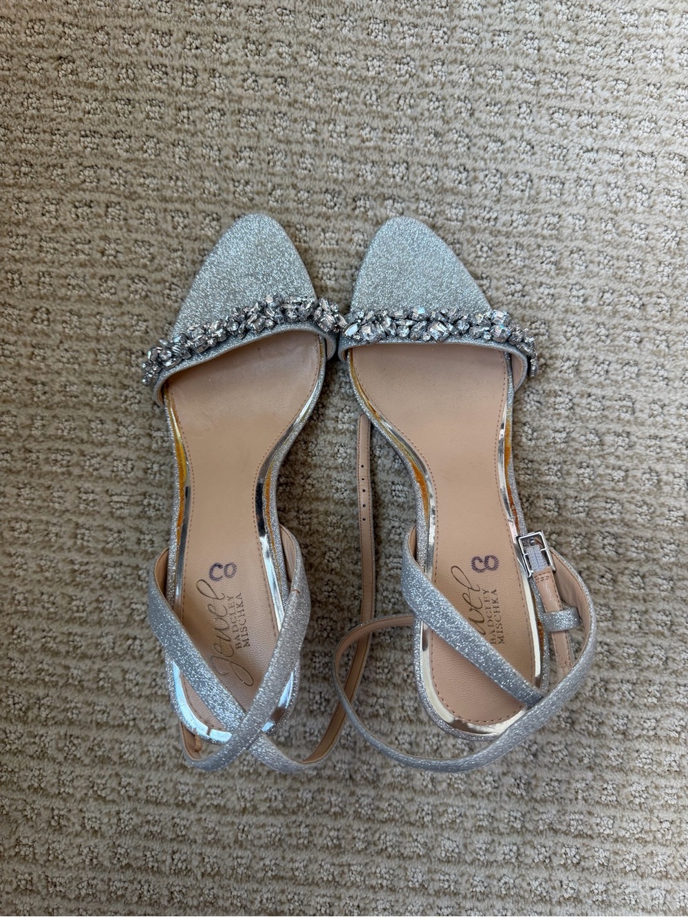 Badgley Mischka Silver Glitter Open-Toe Heels with Crystal Embellishment